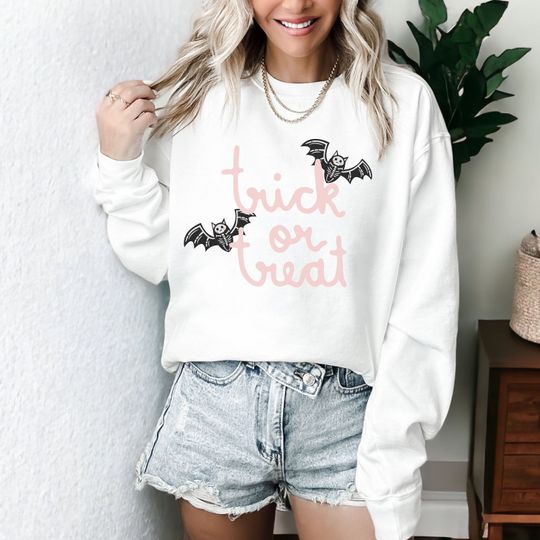 Discover Trick-or-Treat Pink Skeleton Bat Halloween Sweatshirt