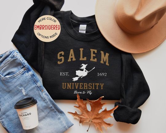Discover Embroidered Salem University Sweatshirt, Halloween Sweatshirt Embroidered, 1692 Salem Massachusetts, Spooky Season Shirt, Unisex Crewneck