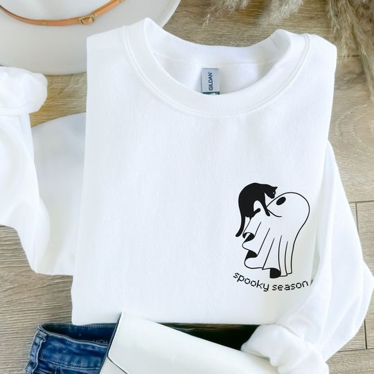 Discover Cat-Loving Ghost Sweatshirt Ghost Cat Crewneck Cute Halloween Sweater Cute Fall Long Sleeve Plus Size