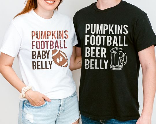 Discover Couples Football Pregnancy Announcement Shirt Fall Baby Reveal TShirt Matching Thanksgiving Pregnancy Reveal Tee Fall Maternity t-shirt