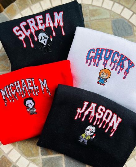 Discover Custom Scream, Jason, Chucky & Jigsaw Sweatshirt, Embroidered Ghostface Hoodie, Horror Movie Sweatshirt,Halloween Horror Movie Crewneck