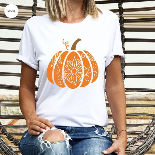 Discover Cute Pumpkin Shirt, Fall Sweatshirt, Fall Gifts for Her, Floral Graphic Tees, Thanksgiving Vneck Shirt, Autumn Girls Outfit, Womens Clothing