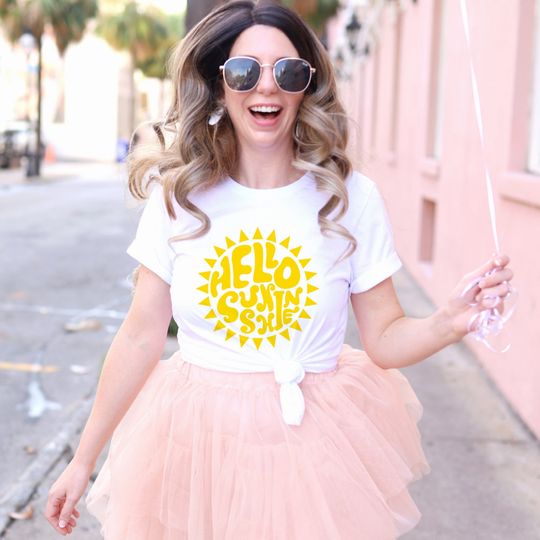 Discover Hello Sunshine Lettering Yellow Sun Text Design T-Shirt