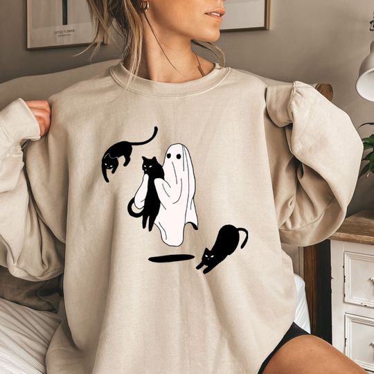 Discover Ghost and Black Cat Sweatshirt - Cute Halloween Cat Lover Apparel