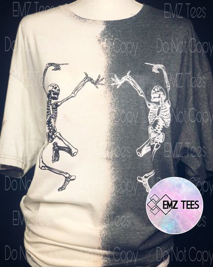 Discover Half & Half Bleached | Two Tone | Dancing Skeletons | Bleached T-shirt | Sweater Weather | Skellies | Halloween | Spooky Season Is All Year