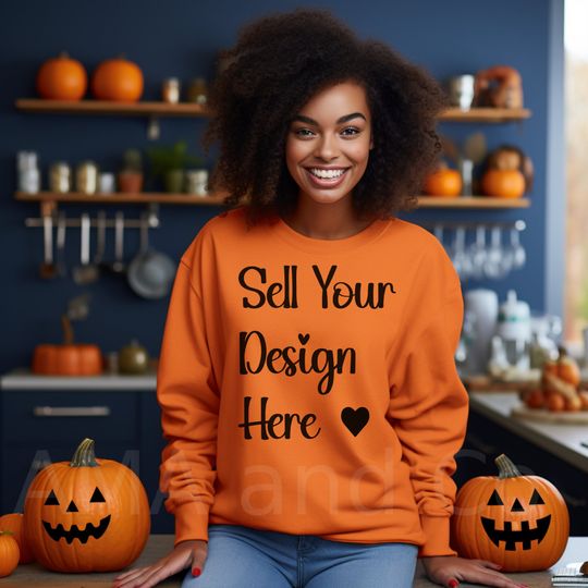 Discover Black Woman Orange Halloween Sweatshirt Mockup, African American Fall Autumn Pumpkins Mockup Stock Image, Easy Canva Use For Clipart PNG SVG