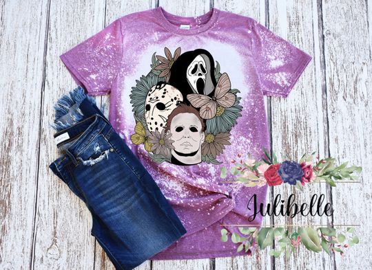 Discover floal horror movie characters shirt, Halloween shirt, bleached halloween shirt, ghost face shirt, Jason shirt. Michael Myers shirt