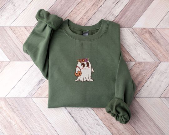 Discover Embroidered Halloween Ghost Sweatshirt