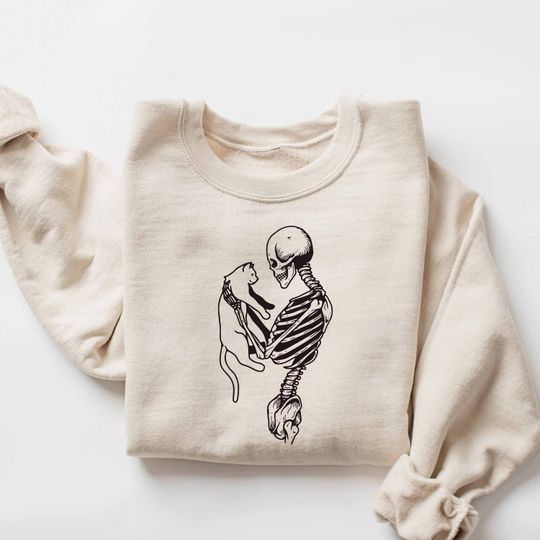 Discover Skeleton and Cat Halloween Hoodie