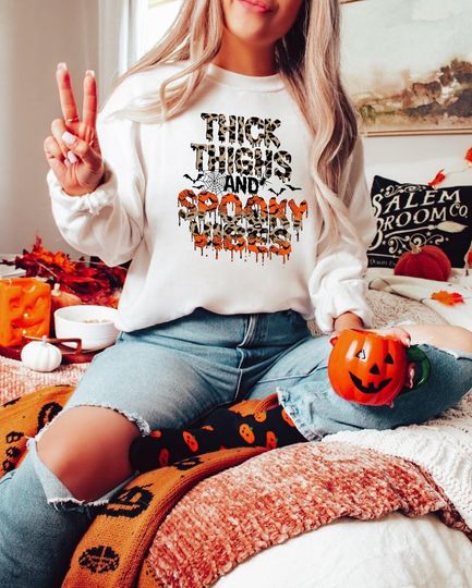 Discover Thick Thighs Spooky Vibes Halloween Sweatshirt