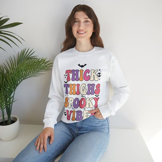 Discover Thick Thighs Spooky Vibes 5 Colors S-3XL Sweatshirt Halloween Shirt Fall Clothing Ghost Pumpkin Gift for Friend Girlfriend Wife
