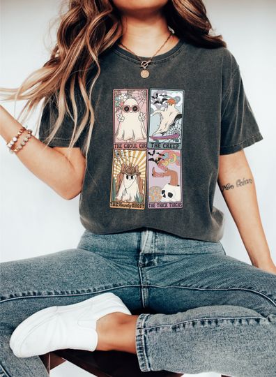 Discover Cute Ghosts Tarot Card Halloween Sweatshirt, Creep It Real Thick Thigs Spooky Season Skull T-Shirt, Spooky Vibes Western Cowboy Ghost Hoodie