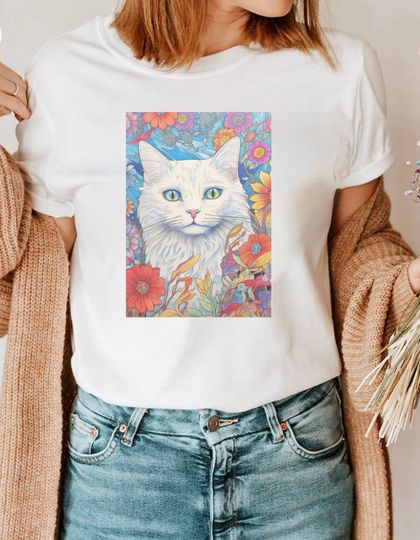 Discover White Cat with Flowers and Butterflies T-Shirt