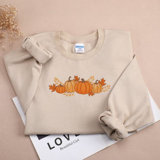 Discover EMBROIDERED | Thanksgiving Custom Sweatshirt, Personalized Maple Leaves+Pumpkin Hoodie, Fall Sweatshirt, Embroidered Fall Gift For Family