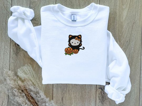 Discover Cute Cat Embroidered Pumpkin Sweatshirt