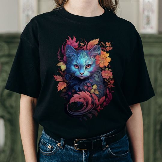 Discover Floral Cat T-Shirt, Cat Playing With Butterfly Tee, Meow Owner Outfit