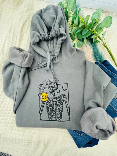 Discover Skeleton with coffee Halloween Embroidered Crewneck Sweatshirt,pumpkin Halloween Sweatshirt, Pumpkin Shirt, Fall Sweatshirt Spooky Season