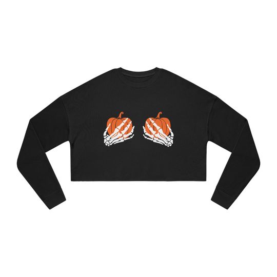 Discover Pumpkin Skeleton Hand Cropped Crewneck