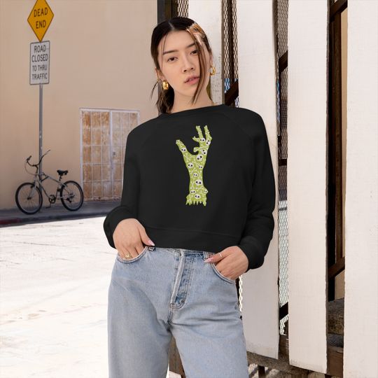 Discover Zombie Hand of Bones Cropped Sweatshirt for Women, Black, Green and White Cropped Top, Pullover Halloween Shirt, Holiday Print