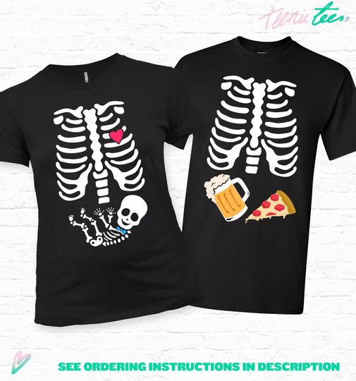 Discover Couples Pregnancy Costume Skeleton BABY Boy with PIZZA and BEER Xray Maternity Shirt Halloween T-shirt Tshirt Matching Set Pregnant Bowtie