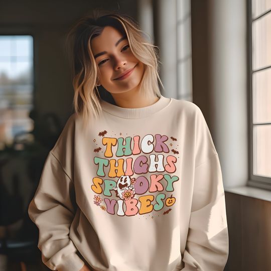 Discover Funny Thick Thighs and Creepy Vibes Halloween Sweatshirt, Spooky Season Halloween Party Gift