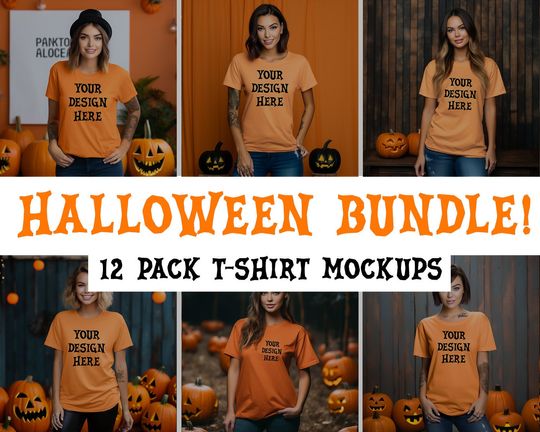 Discover Halloween Women T-Shirt Mockup Bundle, 12+ Cute Fall Theme Lifestyle Mocks,Autumn Pumpkin Halloween TShirt MockUp Bundle Female Orange Shirt