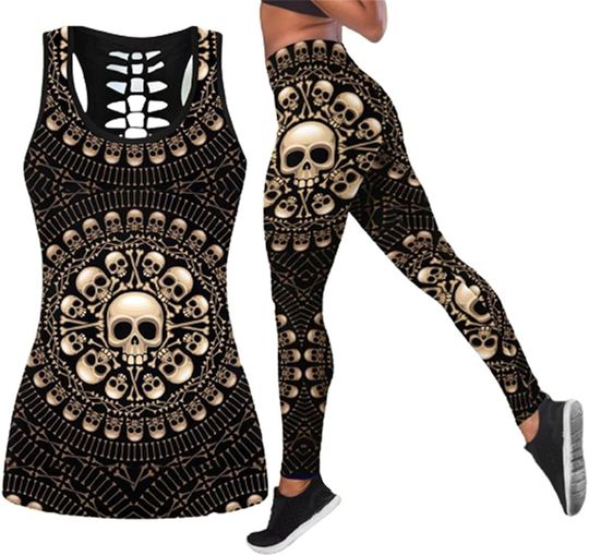 Discover Skull Hollow Tank Top Legging Set