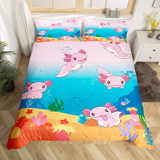 Discover Pink Axolotl Duvet Cover for Kids, Cartoon Lovely Ocean Marine Life Bedding Set, Undersea World Animal Coral Starfish Quilt Cover, Handmade