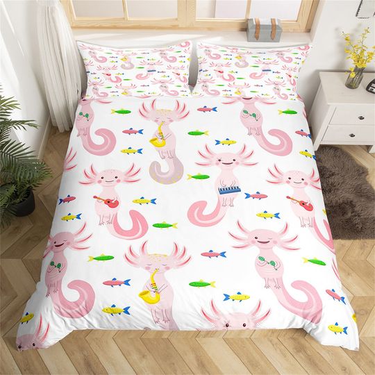 Discover Cute Axolotl Handmade Duvet Cover, Cartoon Ocean Animal Undersea Fish