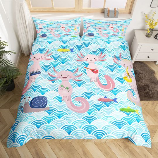 Discover Cartoon Pink Axolotl Handmade Duvet Cover, Ocean Sealife Theme Fish