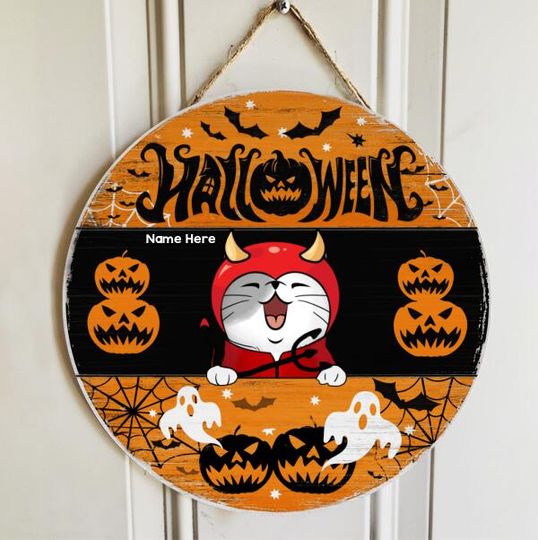 Discover Personalized Halloween Evil Cat Door Sign