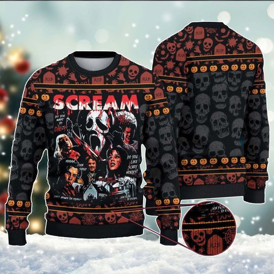 Discover Personalized Scream Movie Ugly Christmas Sweater, Horror Movie 3D Ugly Christmas Sweater