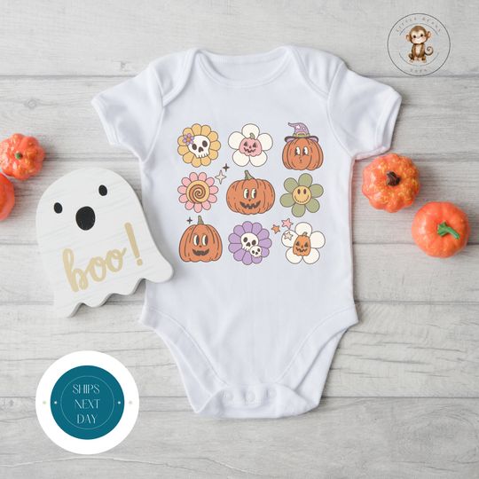 Discover Happy Halloween Grid Onesie | Cute Baby Halloween Onesie
