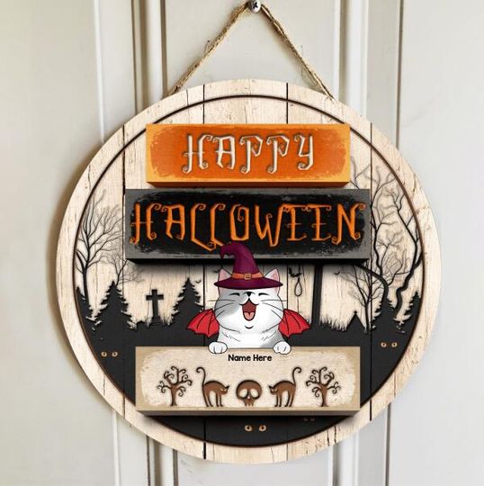Discover Personalized Happy Halloween Dracula Cat Door Sign