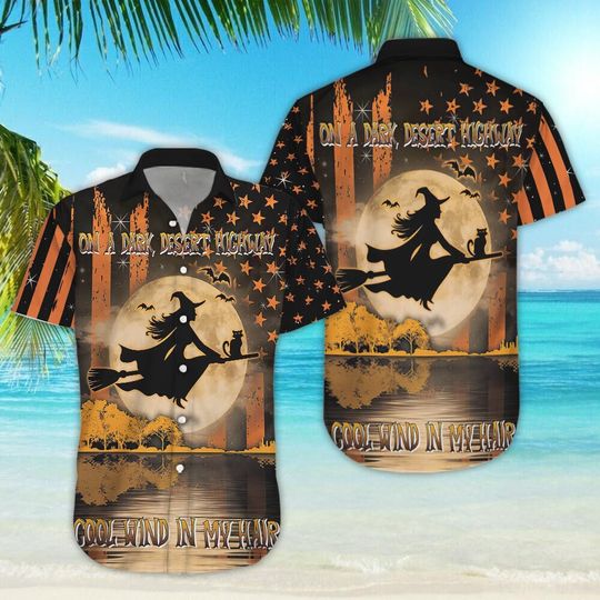 Discover Halloween Witch, On A Dark Desert Highway Hawaiian Shirt