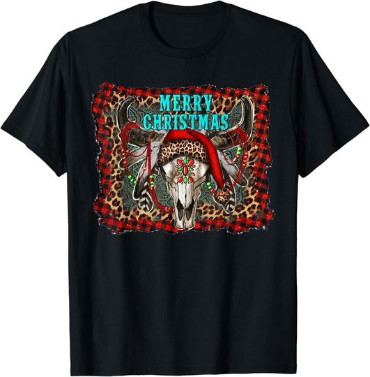 Discover Western Boho Merry Christmas Leopard Turquoise Bull Skull T-Shirt
