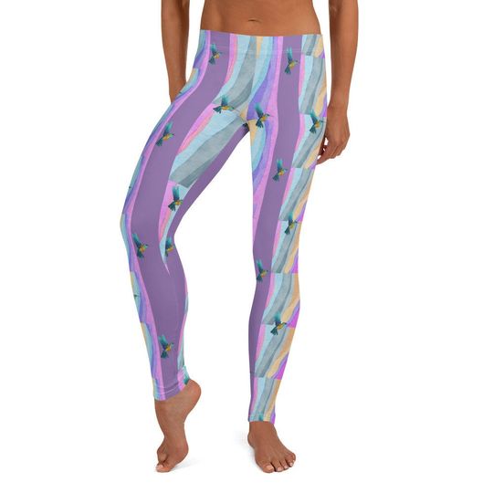 Discover Purple Sunrise Leggings with Hummingbirds