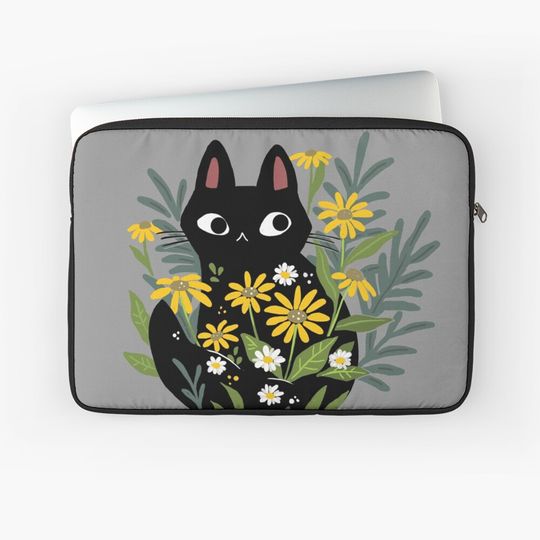Discover Black cat with flowers Laptop Sleeve