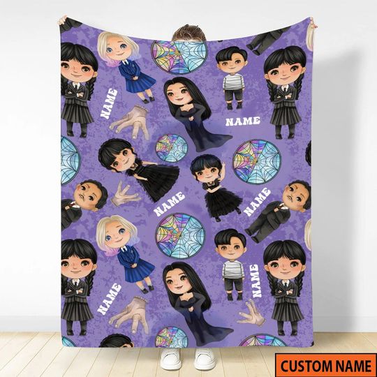 Discover Personalized Wednesday Addams Chibi Blanket, Horror Movie Blanket, Halloween Blanket