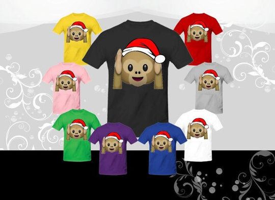 Discover Monkey Covering Ears Emoji wearing Santa Hat T-shirt