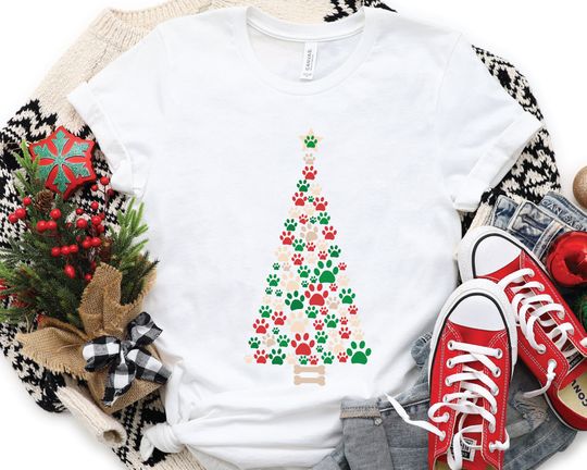 Discover Paw Shirt, Christmas Tree Shirt, Dog Paw Tree Shirt