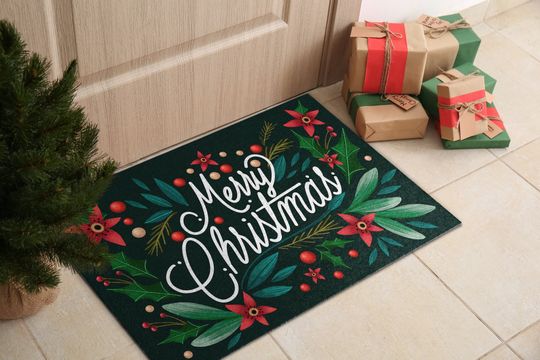 Discover Merry Christmas Front Door Mat - Green Pattern