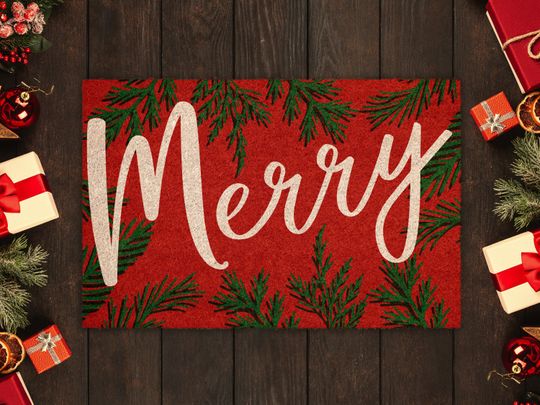 Discover Christmas Merry Pine Leafs, Christmas Snow Coir Door Mat, Front Door Mat, Outdoor Mats, Funny Doormat