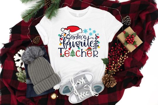 Discover Santa's Favorite Teacher Shirt, Cute Santa Shirt, Teacher Shirt, Christmas Shirt