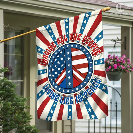 Discover Peace Sign Hippie Flag, Imagine All The People Living Life In Peace House Flag