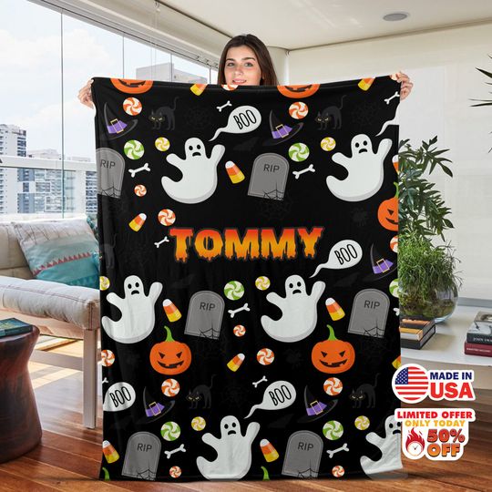 Discover Halloween Blanket, Custom Name Fleece Throw Blankets, Halloween Gift