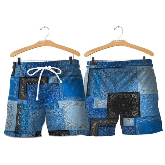 Discover Guys Blue Paisley Patchwork Print Drawstring Shorts