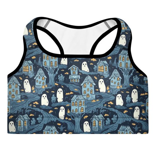 Discover Cute Ghosts in a Spooky Cemetery Halloween Padded Sports Bra