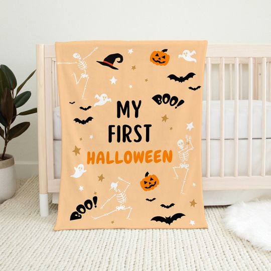Discover My First Halloween Baby Blanket, Peach Spooky Fleece Blanket, Cute Pumpkin Ghost Bat Witch Halloween Baby Shower Gift Girl
