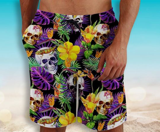 Discover Tropical Skull Hawaiian Fruit Beach Shorts